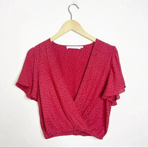 ASTR The Label Jacquard Surplice Cheetah Satin Crop Top Size Small
